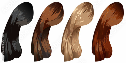 Four strands of hair in varying shades of brown and black
