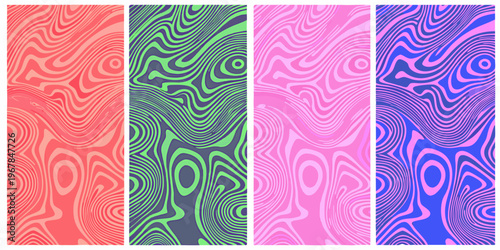 Four vertically arranged panels displaying swirling colorful abstract patterns
