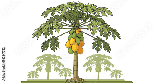 Papaya Tree with Ripe Fruits and Growing Seedlings Illustration