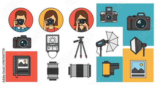Photography Icons Set: Cameras, Lenses, Tripod, Light, Film Roll, Album
