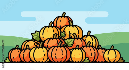Pile of Orange Pumpkins with Green Leaves, Autumn Harvest Illustration