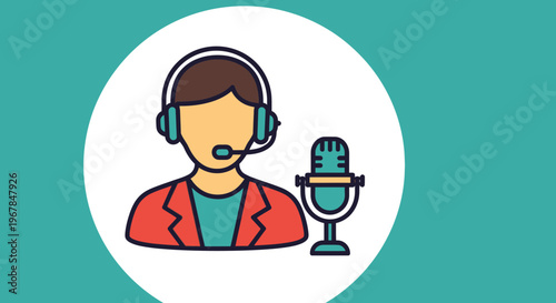 Podcast Host with Microphone and Headphones - Vector Icon