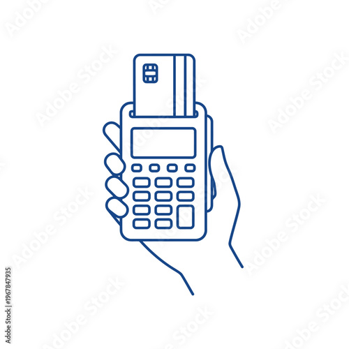 Hand holding credit card machine for payment transaction.