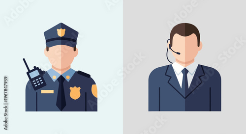 Police Officer and Security Guard Icons: Law Enforcement and Protection