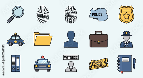 Police and Crime Investigation Icons: Magnifying Glass, Fingerprints, Badge, Car, Witness