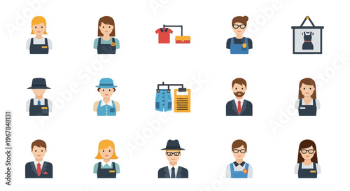 Retail Worker Icons: Diverse Staff and Clothing Display, Flat Design