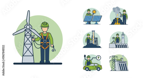 Renewable Energy Industry Icons: Wind, Solar, Electric Car, Factory, Power Plant