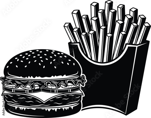 Fast food burger and french fries combo isolated, flat vector illustration for restaurant menu, junk food concept, takeaway meal and snack design