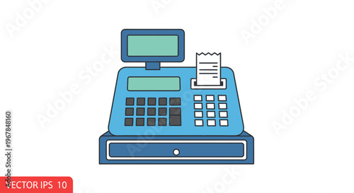 Retro blue cash register with receipt and display screen