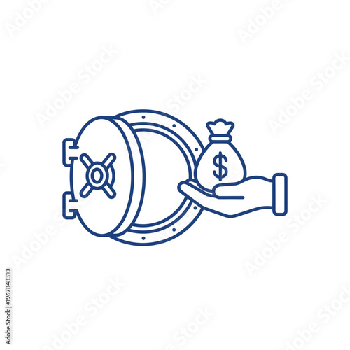 Hand holding money bag emerging from open vault door.