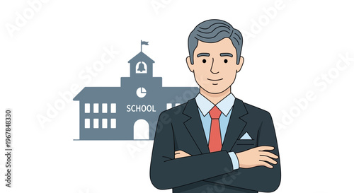 School Principal Standing Confidently with School Building