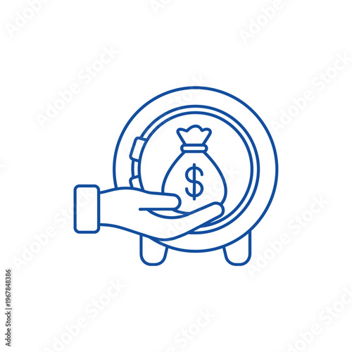 Hand holding money bag inside a safe icon.