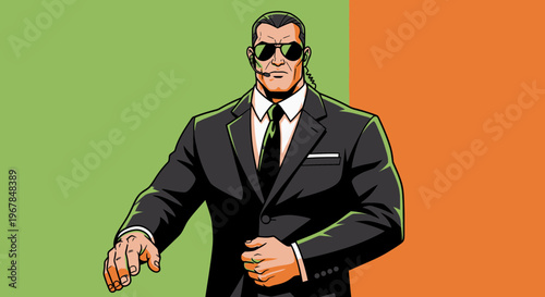 Serious Bodyguard in Suit and Sunglasses with Earpiece, Professional Security Guard