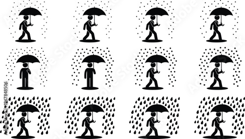 Flat vector illustration, silhouette icons, umbrella person, rain intensity, weather symbols, walking posture, rainfall variations, design elements, pictogram set