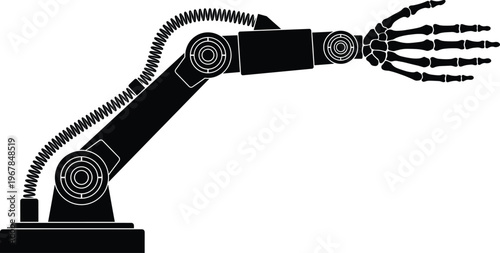 Flat vector illustration, robotic arm silhouette, skeletal hand design, cyborg technology, mechanical anatomy, industrial joints, futuristic concept, biotech fusion, cybernetic art