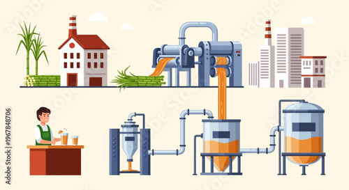Sugarcane Processing Plant Illustration: From Farm to Bottled Juice
