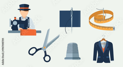 Tailor Sewing Machine, Scissors, Thimble, Needle, Measuring Tape, Suit Icons