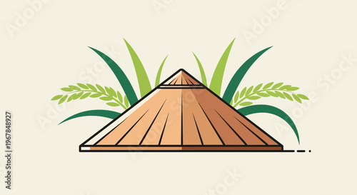 Traditional Asian conical hat and rice stalks, illustration