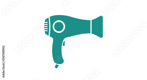 Teal hairdryer icon on white background, simple silhouette, hair care tool