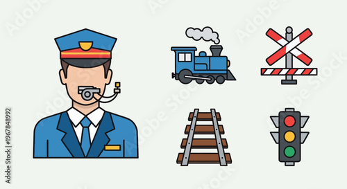Train Conductor, Steam Engine, Railway Crossing, Tracks, Traffic Light Icons