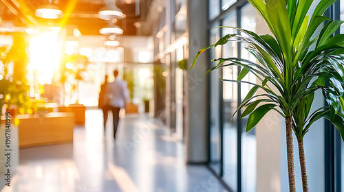 Bright sunlight filters through large windows modern office space, highlighting lush green plant foreground. atmosphere feels vibrant and inviting