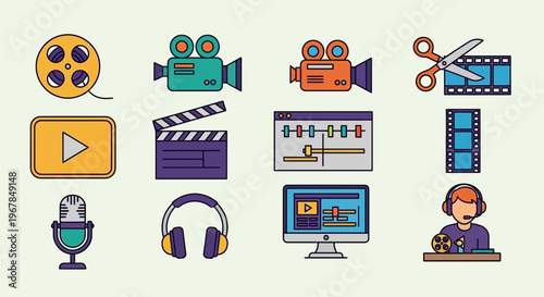 Video Production Icons: Film Reel, Camera, Editing, Microphone, Headphones, Computer