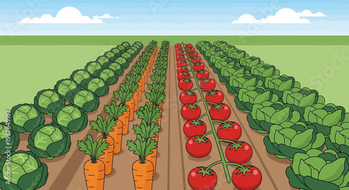 Vibrant Vegetable Garden with Rows of Cabbage, Carrots, and Tomatoes