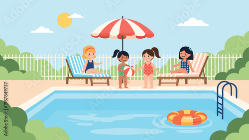 Group of young girls plays with a ball by a sunny swimming pool with lounge chairs and a garden fence in the background.