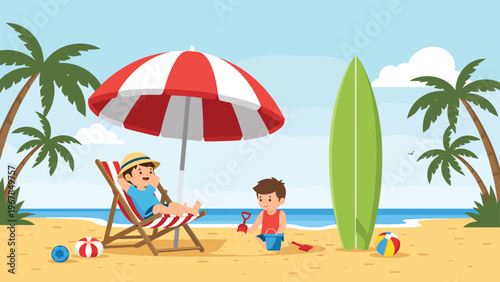 Little boy in a sun hat relaxes on a beach chair while another child plays in the sand with a bucket and spade.