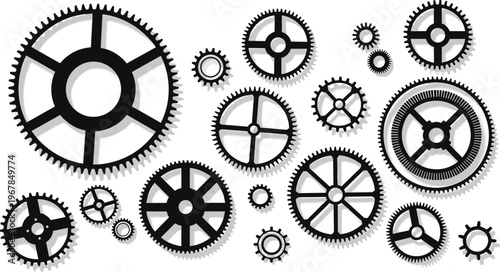 gears, cogs, mechanism, machine, engineering, industrial, technology, wheel, system, rotation, metal, mechanical, black, vector, illustration, design, set, machinery, process, flat