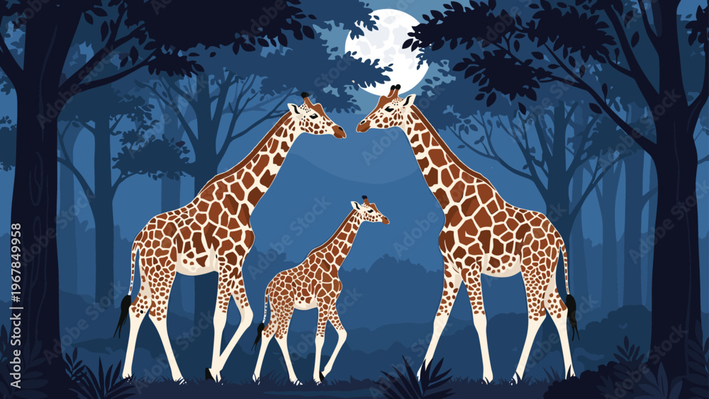 Obraz premium Majestic giraffe family consisting of two adults and a young calf walk through a dark forest under the light of a glowing full moon at night.
