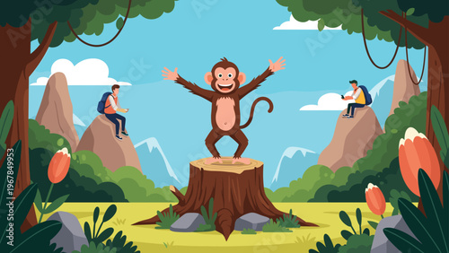 Cheerful cartoon monkey stands on a tree stump while backpackers rest on rocks in a lush tropical jungle environment with mountain views.