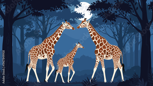 Majestic giraffe family consisting of two adults and a young calf walk through a dark forest under the light of a glowing full moon at night.