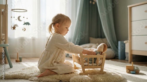 A Child's Playful Sanctuary: A child is immersed in imaginative play within a soft, inviting bedroom. This image speaks to the wonder of childhood, showcasing a cozy space where creativity thrives.