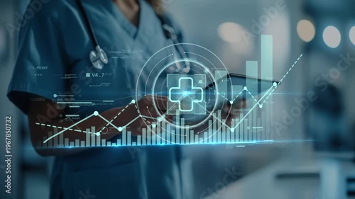 Nurse working on tablet with glowing medical symbol and upward graph, illustrating digital healthcare, patient care development, data-driven insights and medical innovation