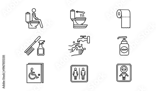 Toilet Vector Outline Icons with Bathroom Hygiene Flush Cleaning and Public Restroom Symbols for Infographic Design