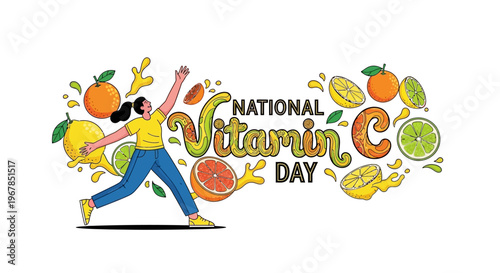 Illustration of a cheerful woman celebrating National Vitamin C Day with various citrus fruits and supplements in a colorful design.