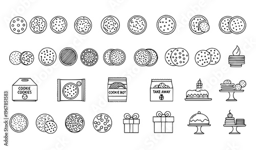 Cookie Vector Outline Icons with Biscuit Dessert Baking Packaging and Sweet Food Symbols for Infographic Design