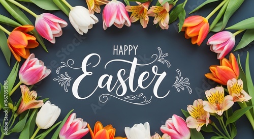 Happy easter beautiful floral arrangement with 'easter' calligraphy spring celebration