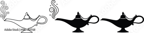 Magic lamp icon set with genie smoke and vintage arabian style, flat vector illustration for fantasy story tale and decorative design