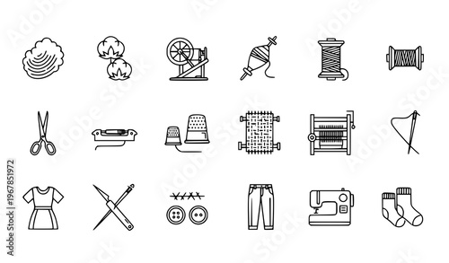 Thread Production Vector Outline Icons with Fiber Spinning Yarn Weaving and Textile Process Symbols for Infographic Design