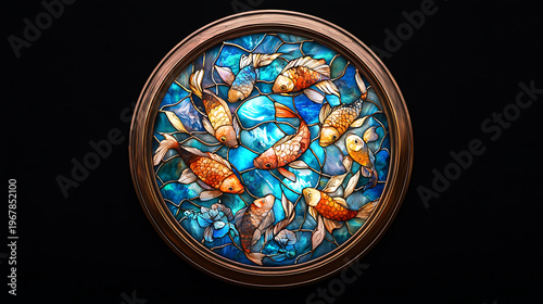 Stained glass artwork featuring colorful fish swimming in pond, surrounded by vibrant aquatic plants, creating serene and artistic atmosphere