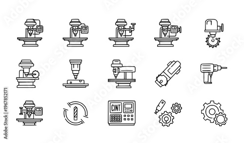 Milling Machine Outline Icon Set with CNC Metal Cutting Tools and Industrial Machining Symbols for Web Design Vector
