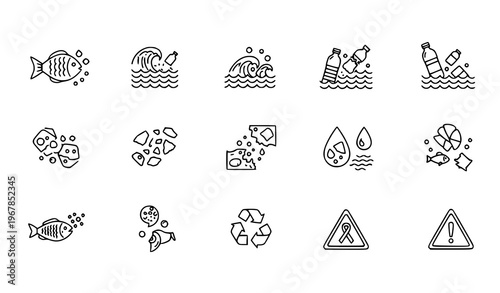 Microplastics Pollution Outline Icon Set with Ocean Fish Plastic Waste and Environmental Awareness Symbols Vector