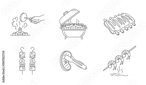 Charcoal BBQ grill cooking thin line icon set. Editable stroke. Vector illustration.