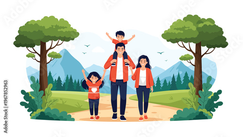 Happy family of four goes for a walk on a winding trail through a beautiful mountain landscape with lush green trees and flying birds above.