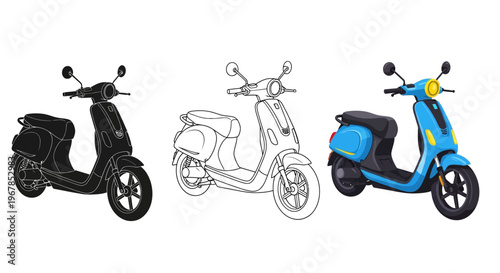 Collection of modern motorized scooter vector illustrations displayed in three distinct styles including a solid silhouette a detailed outline and a vibrant colored graphic representation