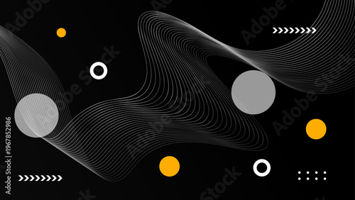 Modern dark background featuring fluid white wave lines and gray circles