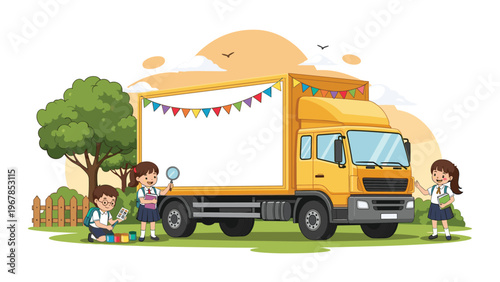 Group of school children in uniform engage in various learning activities around a large yellow truck with a blank white banner for a message.