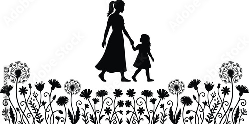 Mother and daughter silhouette walking in flower garden, family love concept, parenting care symbol, spring nature scene, flat vector illustration